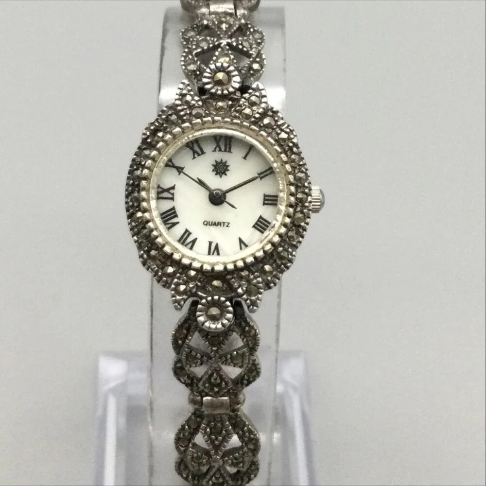 Vintage Marcasite Womens Watch 20mm 925 Sterling Silver New Battery 7.25